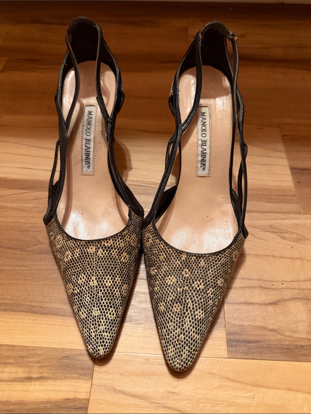 Manolo Blahnik Snake-Print Pointed Slingback Pumps in Black and Tan